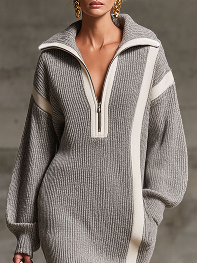 Robe Midi Tricotée avec Col Revers, Fermeture Éclair et Poches Doubles Contrastées