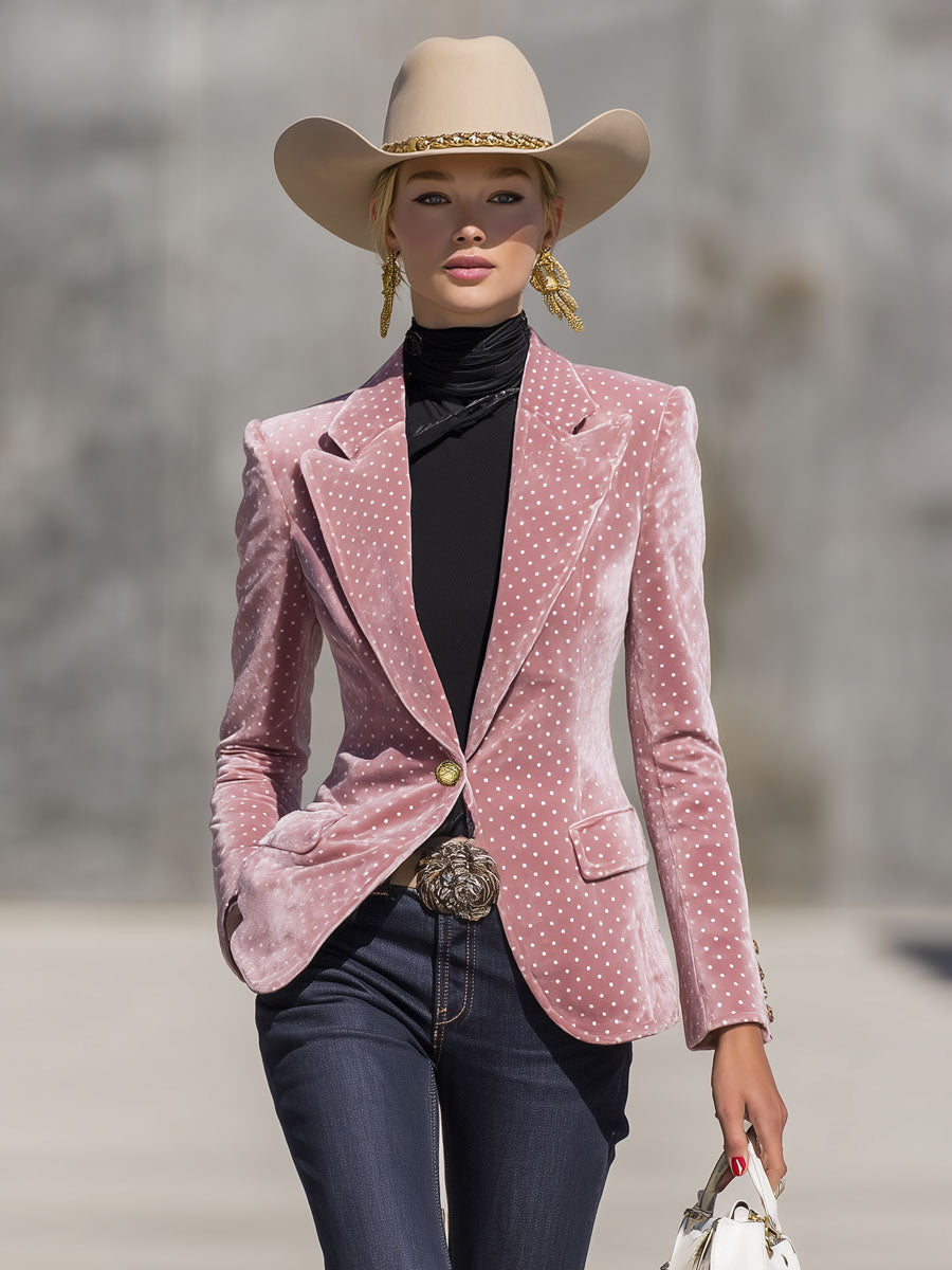 Élégant Blazer en Velours à Pois Blancs Rétro avec Bouton