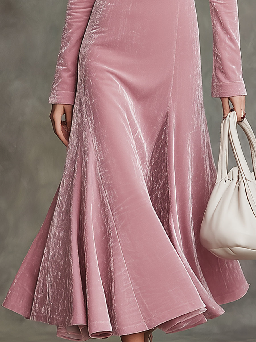 Robe Maxi en Velours Rose Chic avec Encolure Carrée et Jupe Flottante