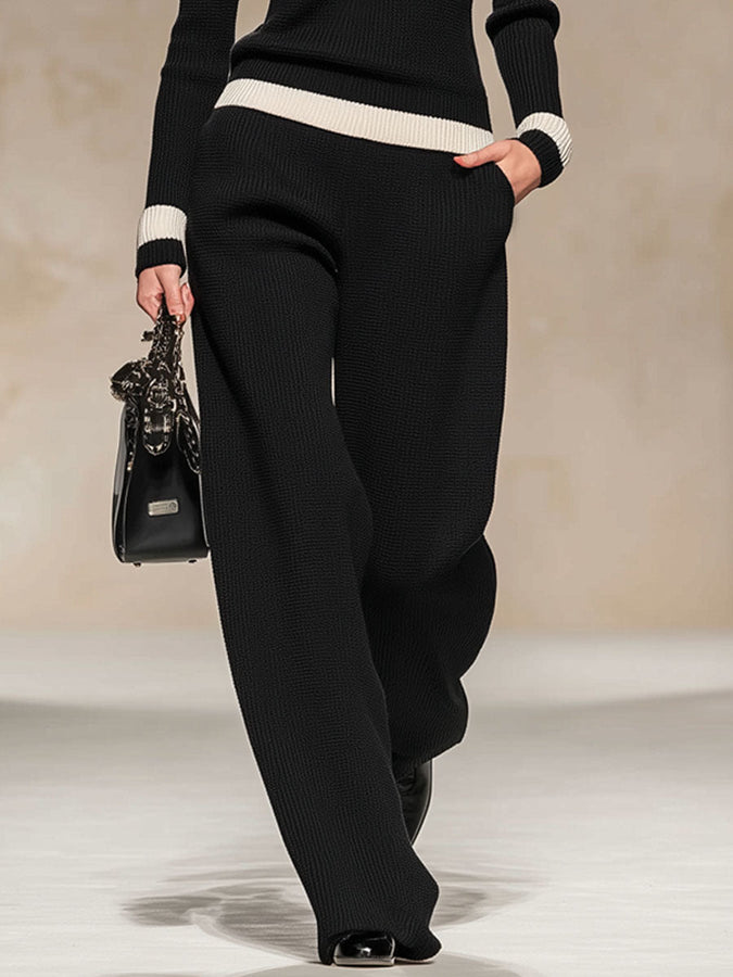 Ensemble Tricoté Élégant : Pull Col Roulé Contrasté et Pantalons Amples