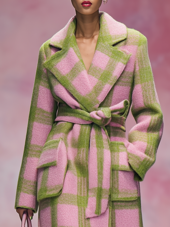 Chic et Élégant Manteau Long en Laine à Motif Carreaux