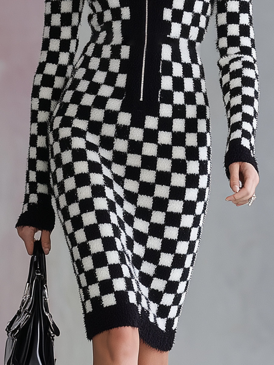 Chic Midi Robe Zippée en Mohair à Carreaux Noir et Blanc
