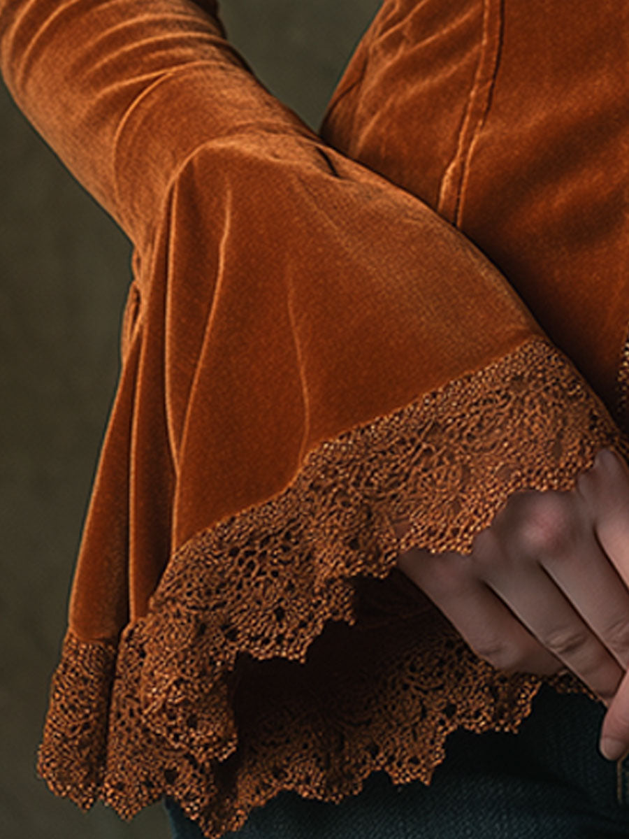 Chemisier Long en Velours Caramel Marron avec Manches en Dentelle et Col V Rétro
