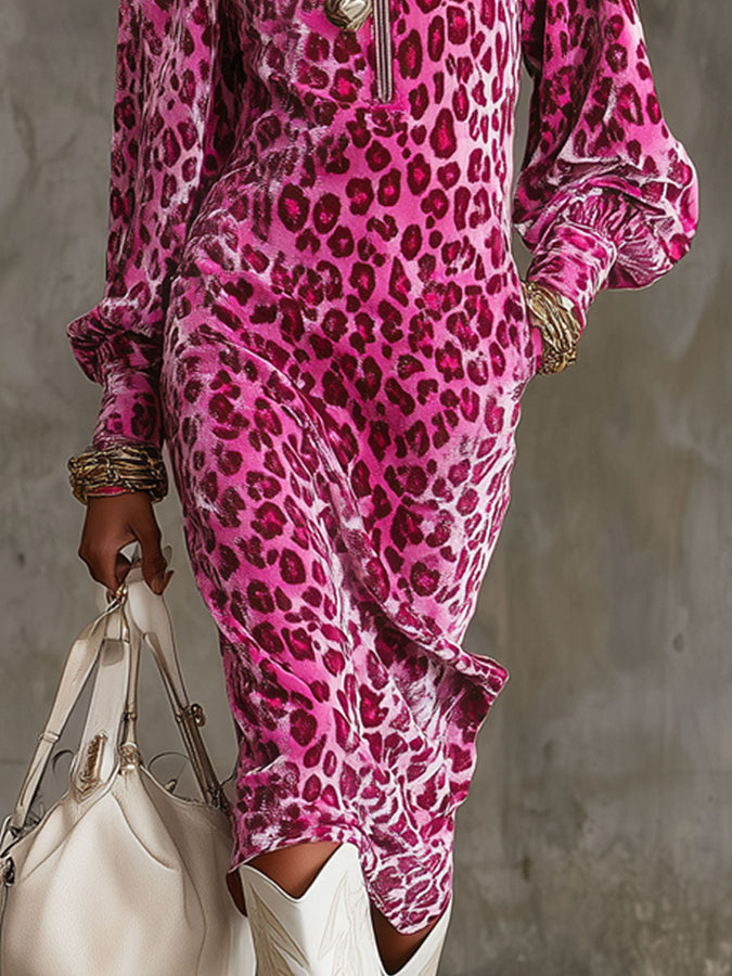 Robe Midi en Velours Léopard avec Manches Bouffantes et Col Montant à Zip