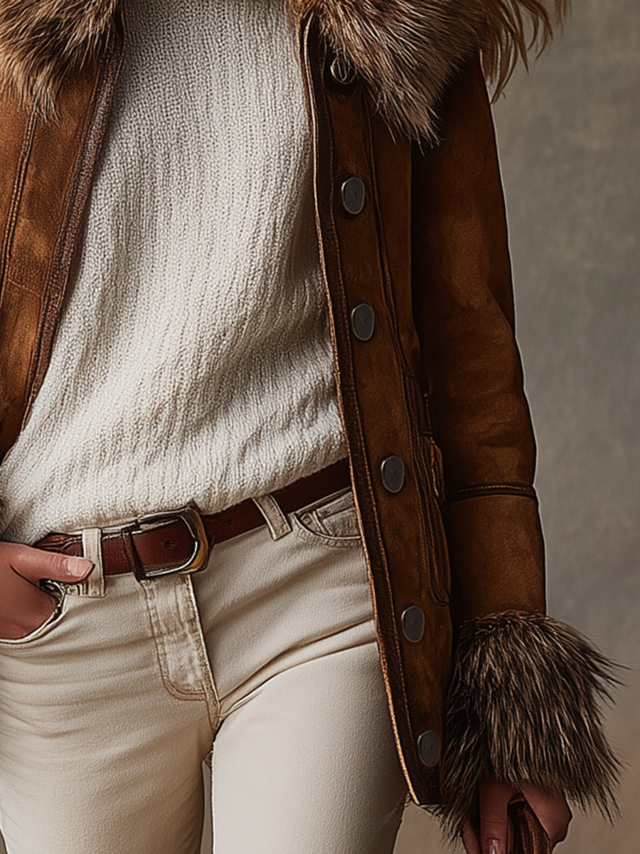 Veste en Suède Synthétique Marron avec Éléments en Laine Vintage Style Western