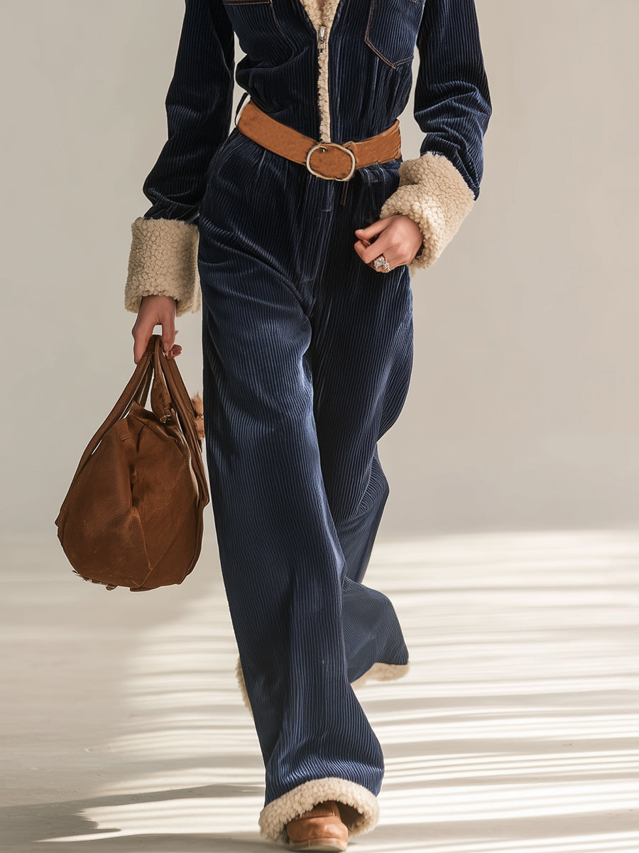 Combinaison en velours côtelé bleu marine avec élégante bordure en laine d'agneau vintage