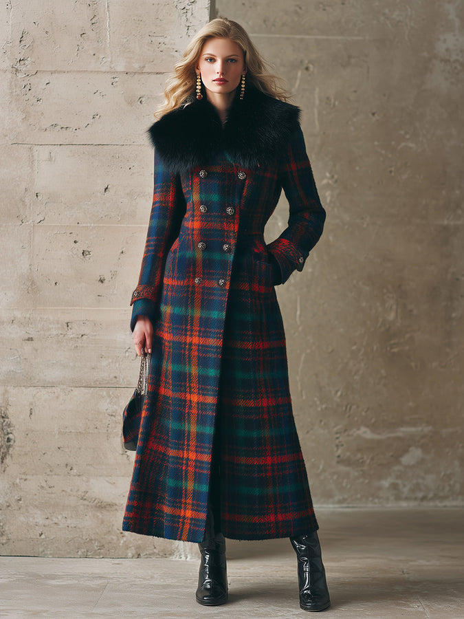 Longue Manteau en Laine à Carreaux avec Col en Fourrure Synthétique : Élégance Rétro et Chic