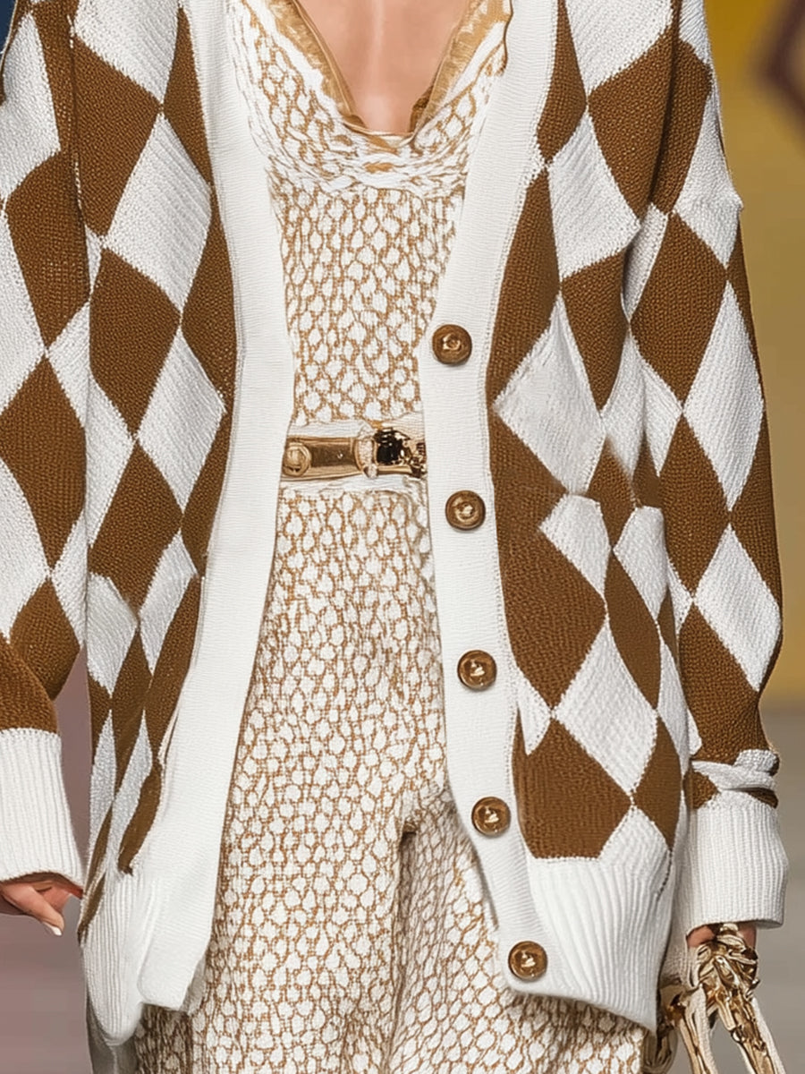 Cardigan Vintage Décontracté à Motif Diamant en Brun et Blanc