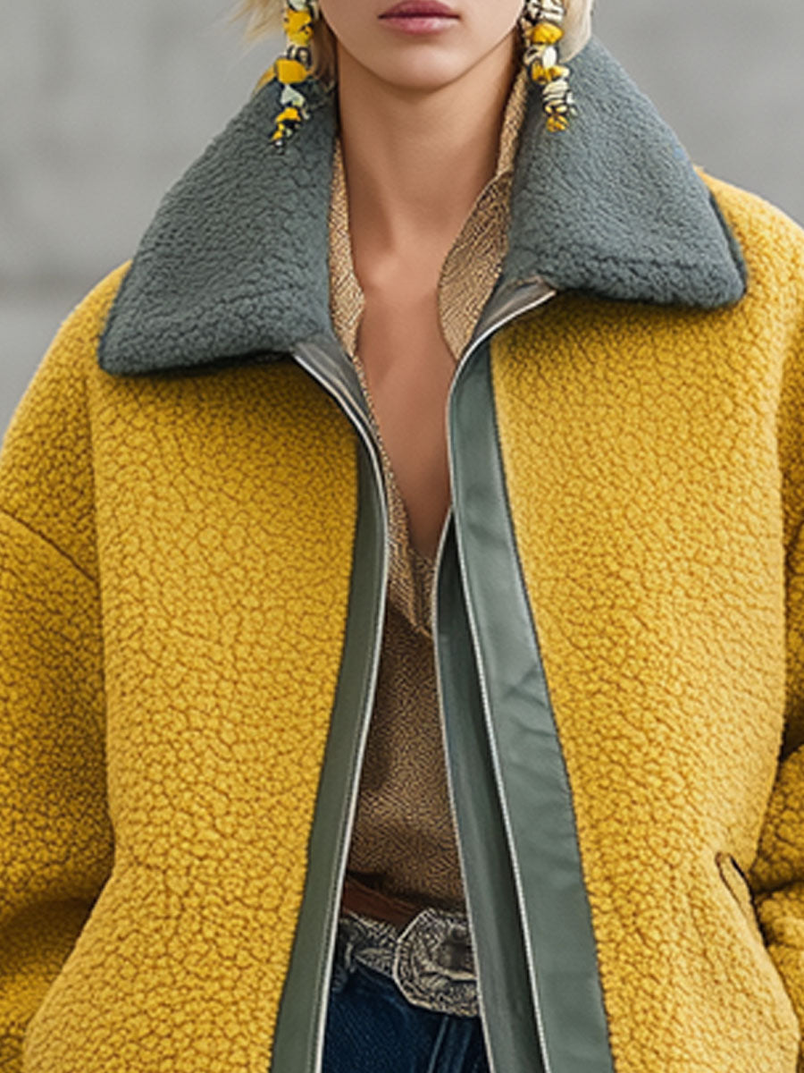 Veste Polaire Jaune au Style Nomade Urbain avec Détails en PU - Chic Rétro
