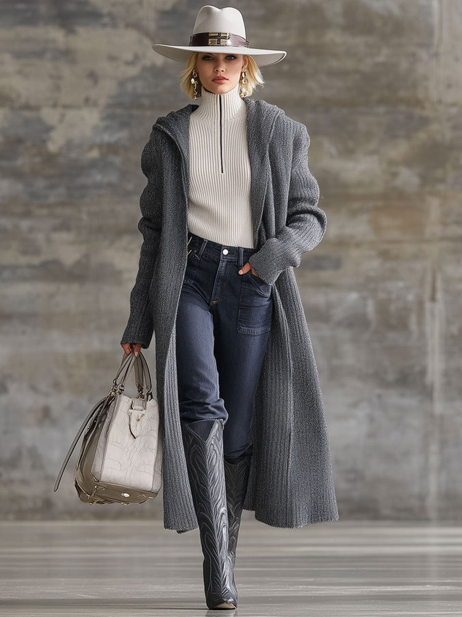 Cardigan Vintage à Capuche en Tricot Gris - Style Décontracté