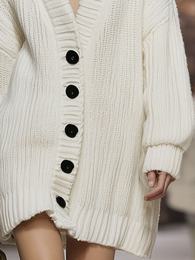 Mi-Long Cardigan Tricoté avec Col en Fausse Fourrure