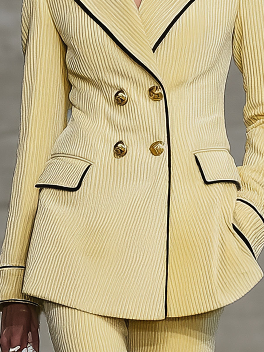 Blazer Croisé en Velours Côtelé avec Revers Contrasté