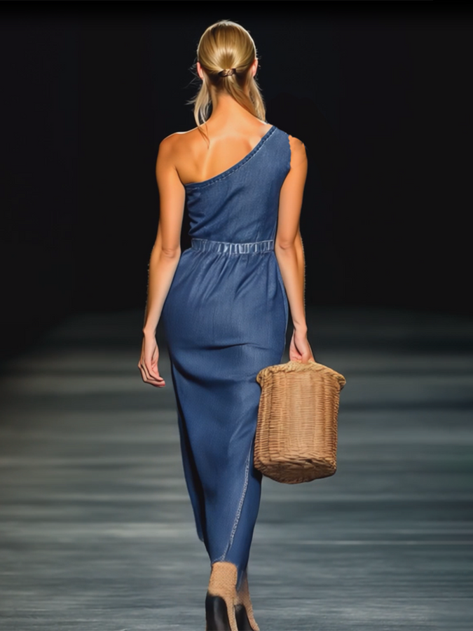 Robe Maxi en Jean Élégante sans Épaules avec Fleurs 3D - Expédition Rapide en 24 Heures!
