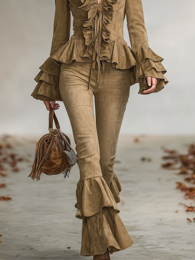 Ensemble Chic en Suédine Kaki Vintage avec Volants