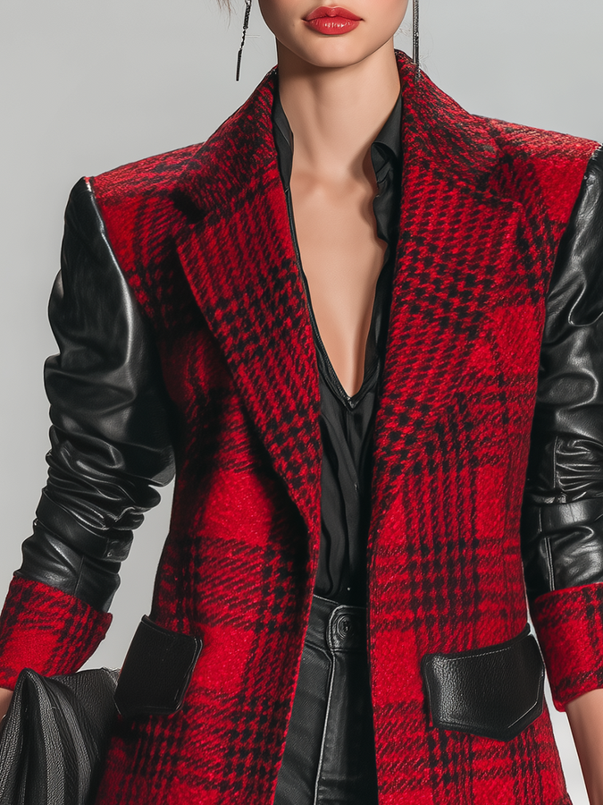 Veste mi-longue en patchwork de cuir synthétique à carreaux au style rétro