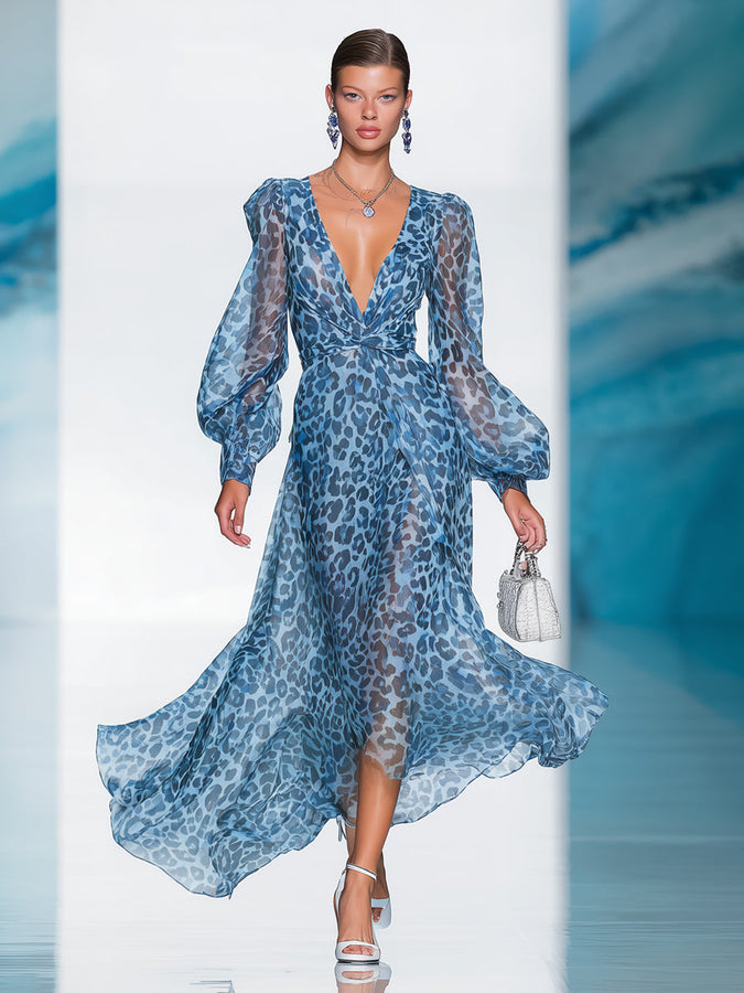 Robe Maxi Chiffon Bleu à Imprimé Léopard - Élégance et Style en 24 Heures, Manches Longues et Décolleté en V