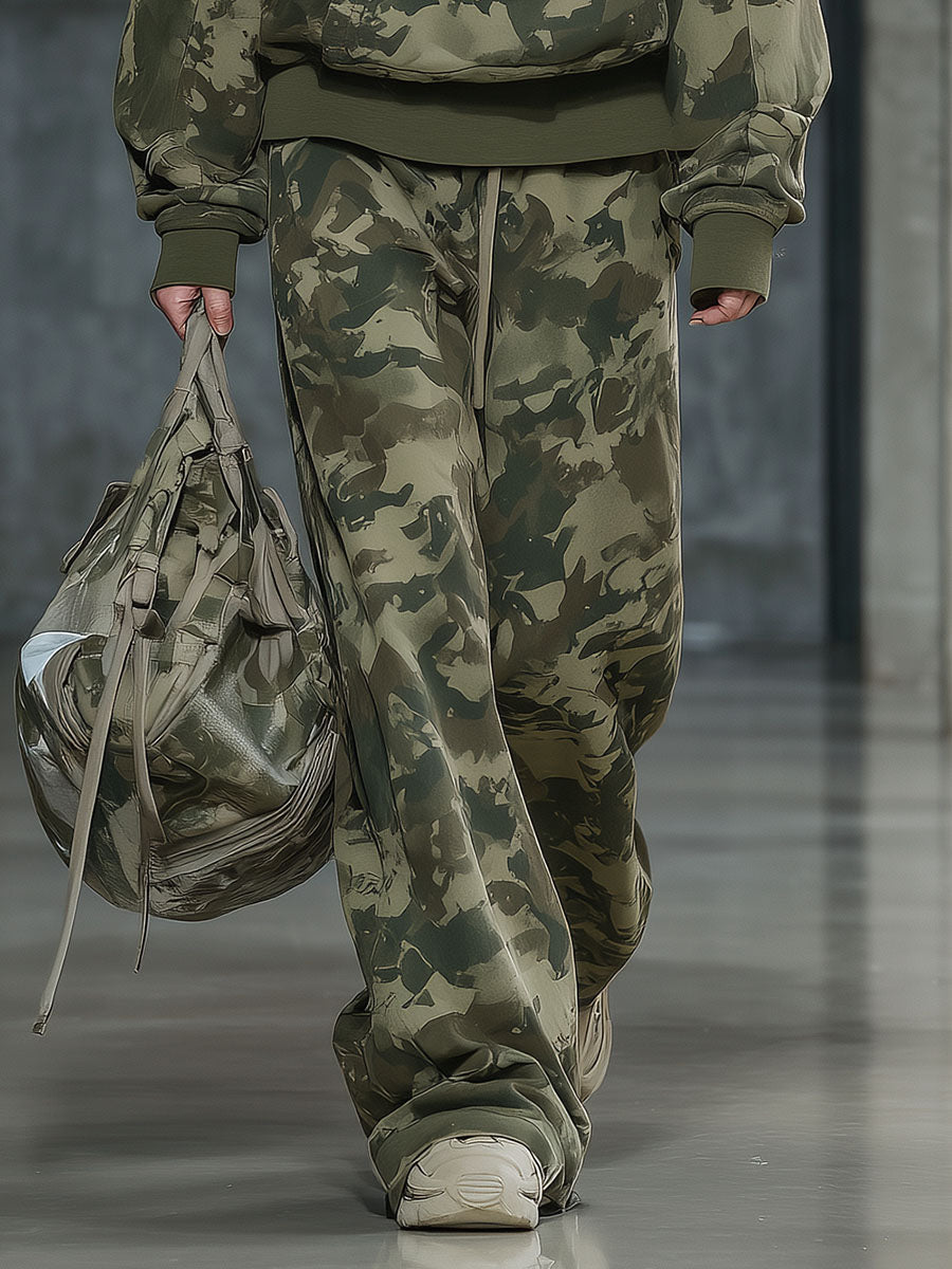 Ensemble Sweatshirt et Pantalon Large Camouflage avec Col en Fourrure Synthétique
