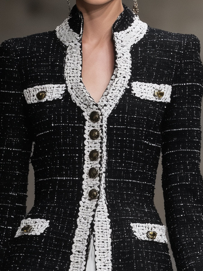 Veste Tendance en Tweed Noir avec Détails en Patchwork