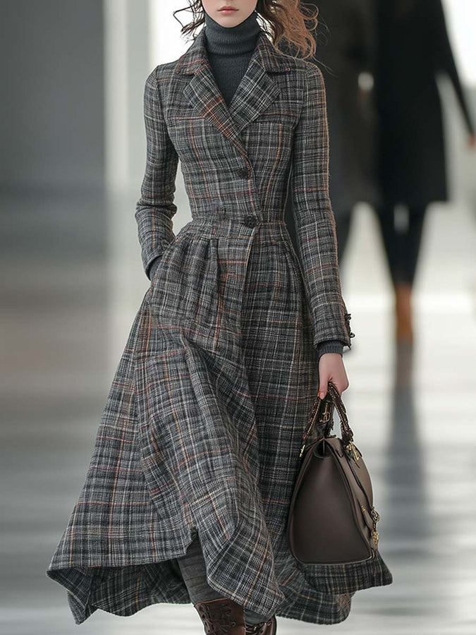 Chic Manteau en Laine à Carreaux Grisés au Style Rétro avec Revers