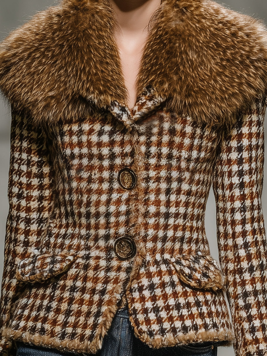 Veste Courte à Motif Carreaux Marron avec Doublure Douce en Fourrure