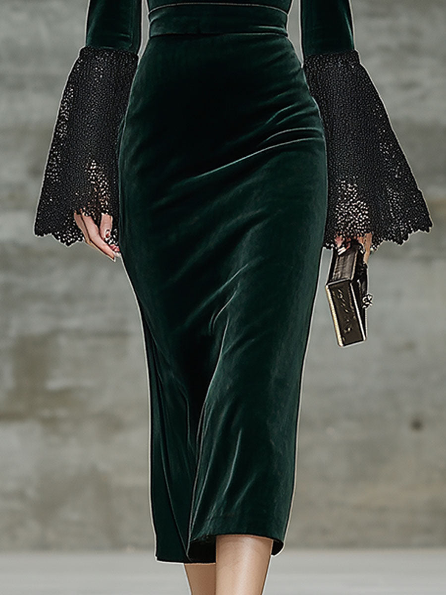Robe Midi Vintage en Velours Vert avec Détails en Dentelle