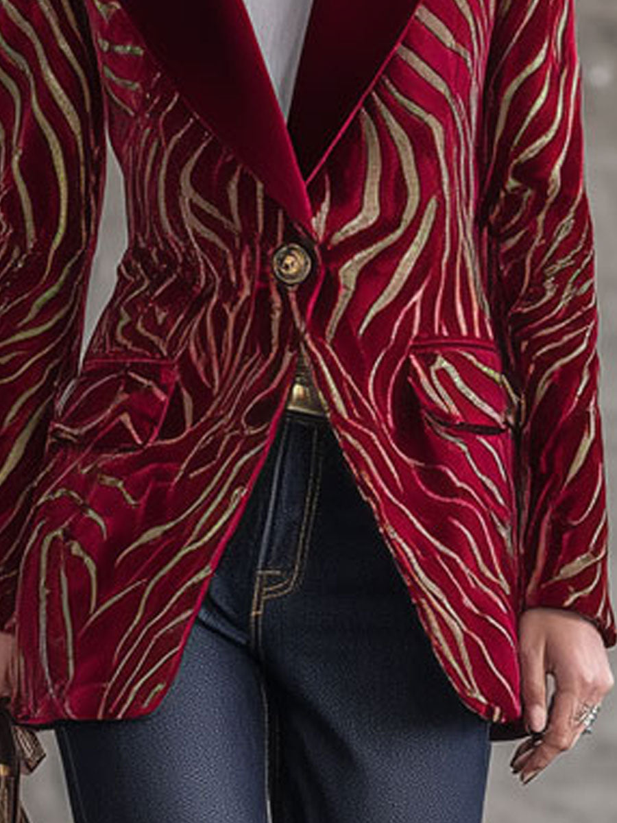 Veste en Velours Rouge au Motif Zebra Doré Vintage
