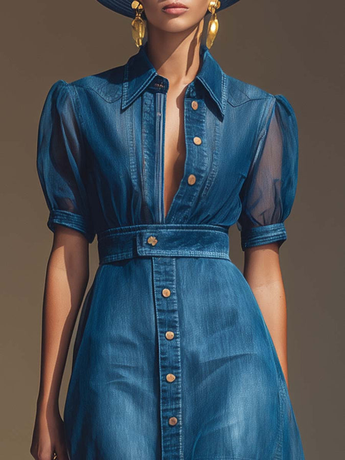 Robe Maxi en Denim Bleu avec Décolleté en V et Élégants Détails à Boutons, Manches Courtes en Organza