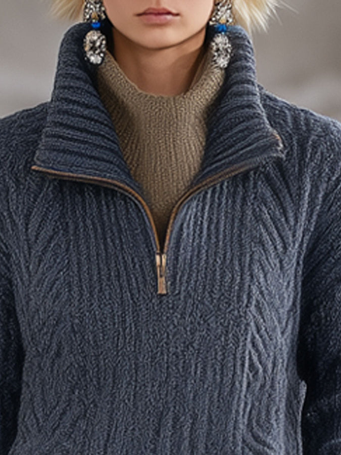 Pull rétro en tricot gris-bleu avec col demi-zip