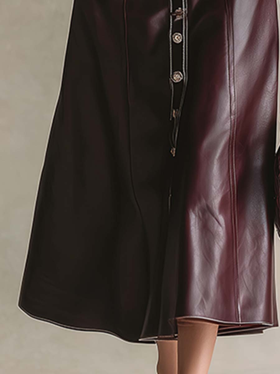 Robe Maxi Élégante en PU Rouge Vin avec Col et Boutonnage Avant