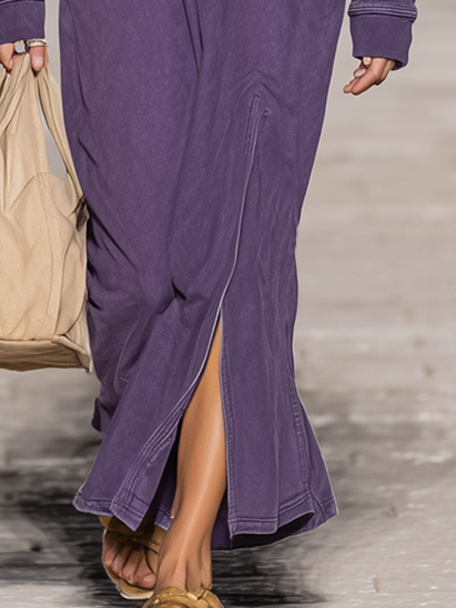 Rétro Violet : Robe Maxi Sportive Décontractée à Manches Longues et Capuche avec Fente