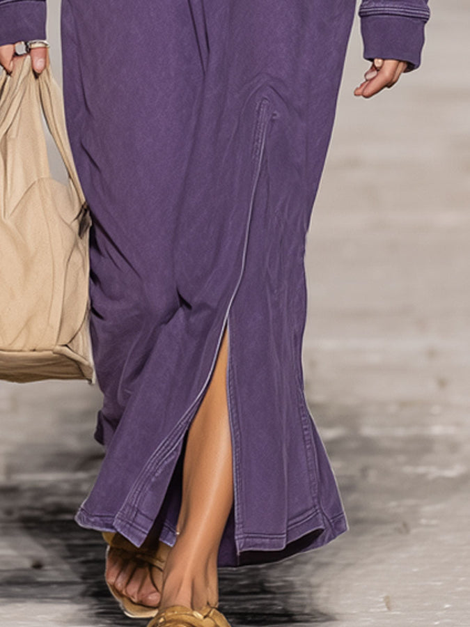 Robe Maxi Sportive Rétro Violet : Broderie Élégante, Manches Longues et Capuche avec Fente