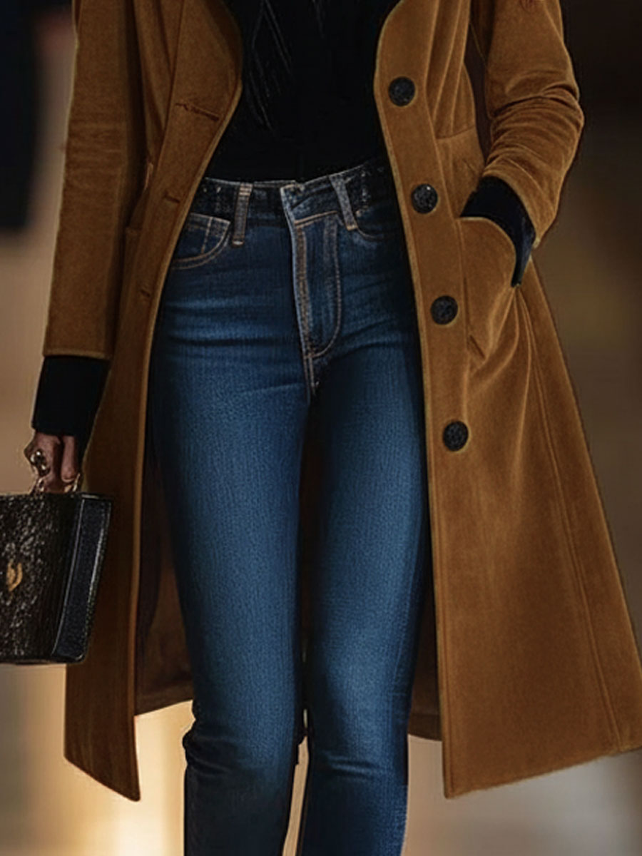 Veste Décontractée en Daim Caramel Vintage avec Revers Noir - Livraison Rapide en 24 Heures