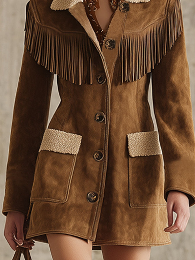 Veste en Suède Synthétique avec Col Sherpa et Franges Western Chic