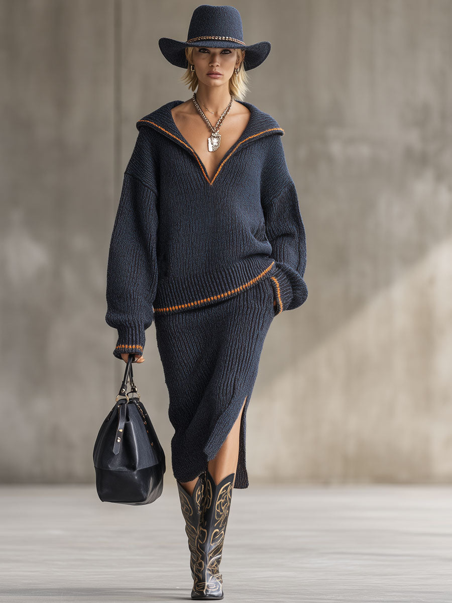 Ensemble Tricoté Chic : Pull et Jupe Contrastés pour un Look Élégant