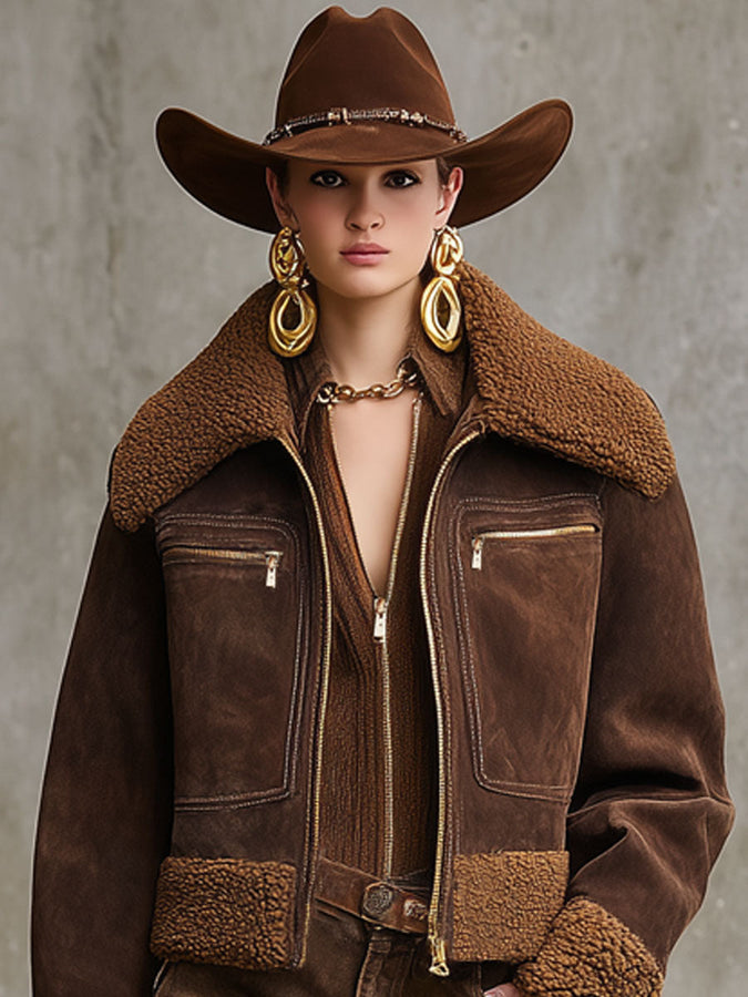 Veste Sherpa en Suède Synthétique avec Fermeture Éclair et Col Western