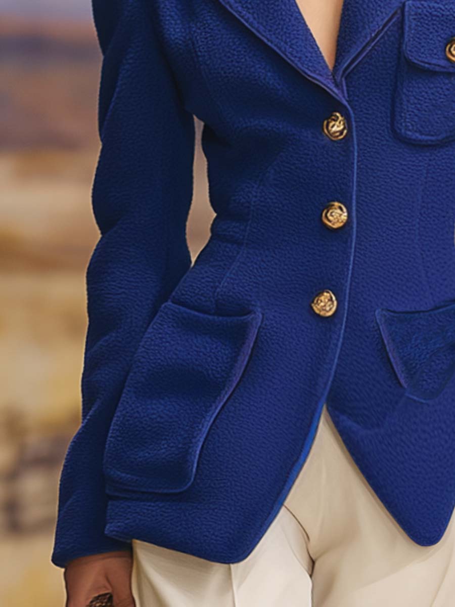 Blazer Décontracté en Polaire Bleu Royal avec Revers Notch - Élégance Rétro à Boutonnage Simple