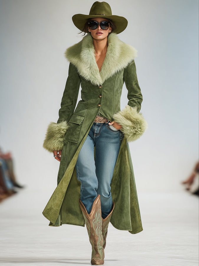 Veste Vintage en Suède Synthétique Verte avec Détails en Fausse Fourrure