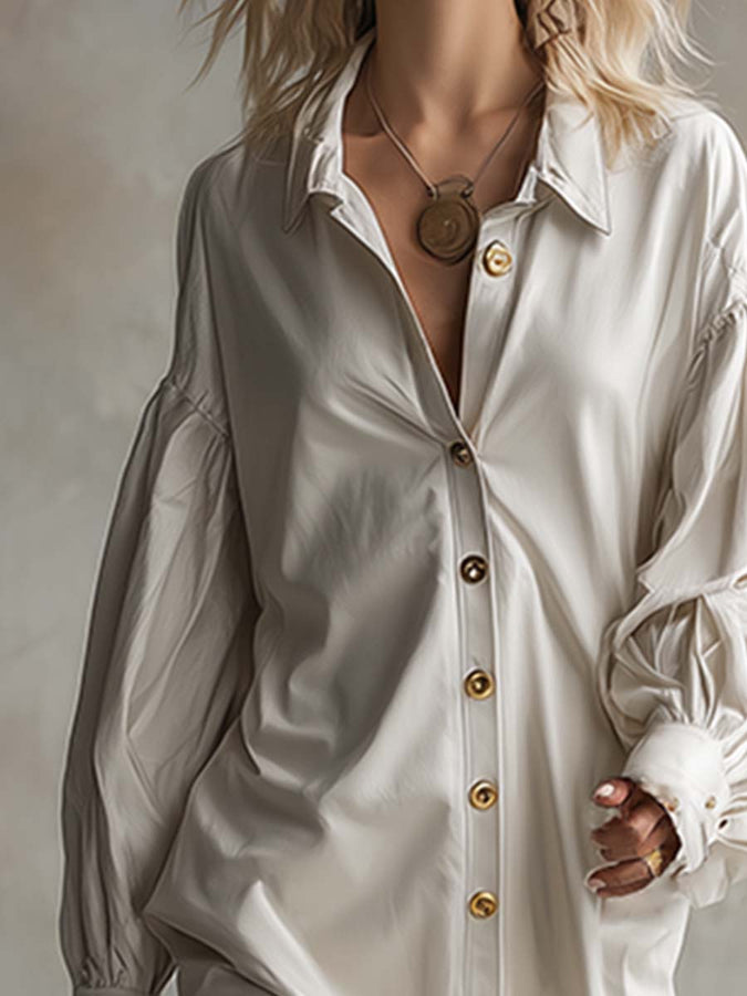 Robe Maxi Blanche en PU avec Col Revers et Boutonnage Avant - Élégance Décontractée