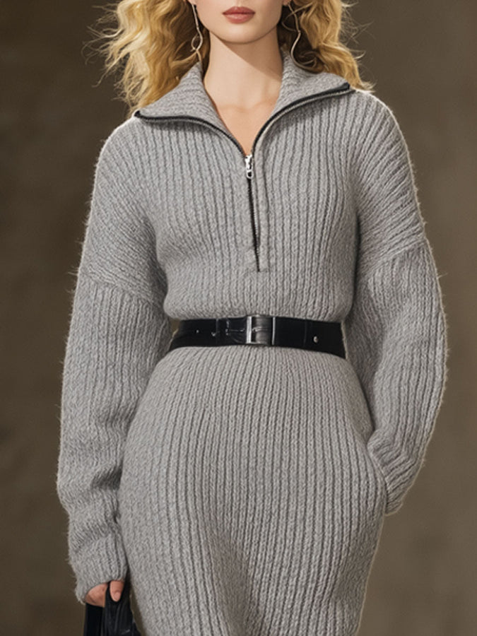 Retro-Inspired Loose Knit Midi Zip Dress in Grey