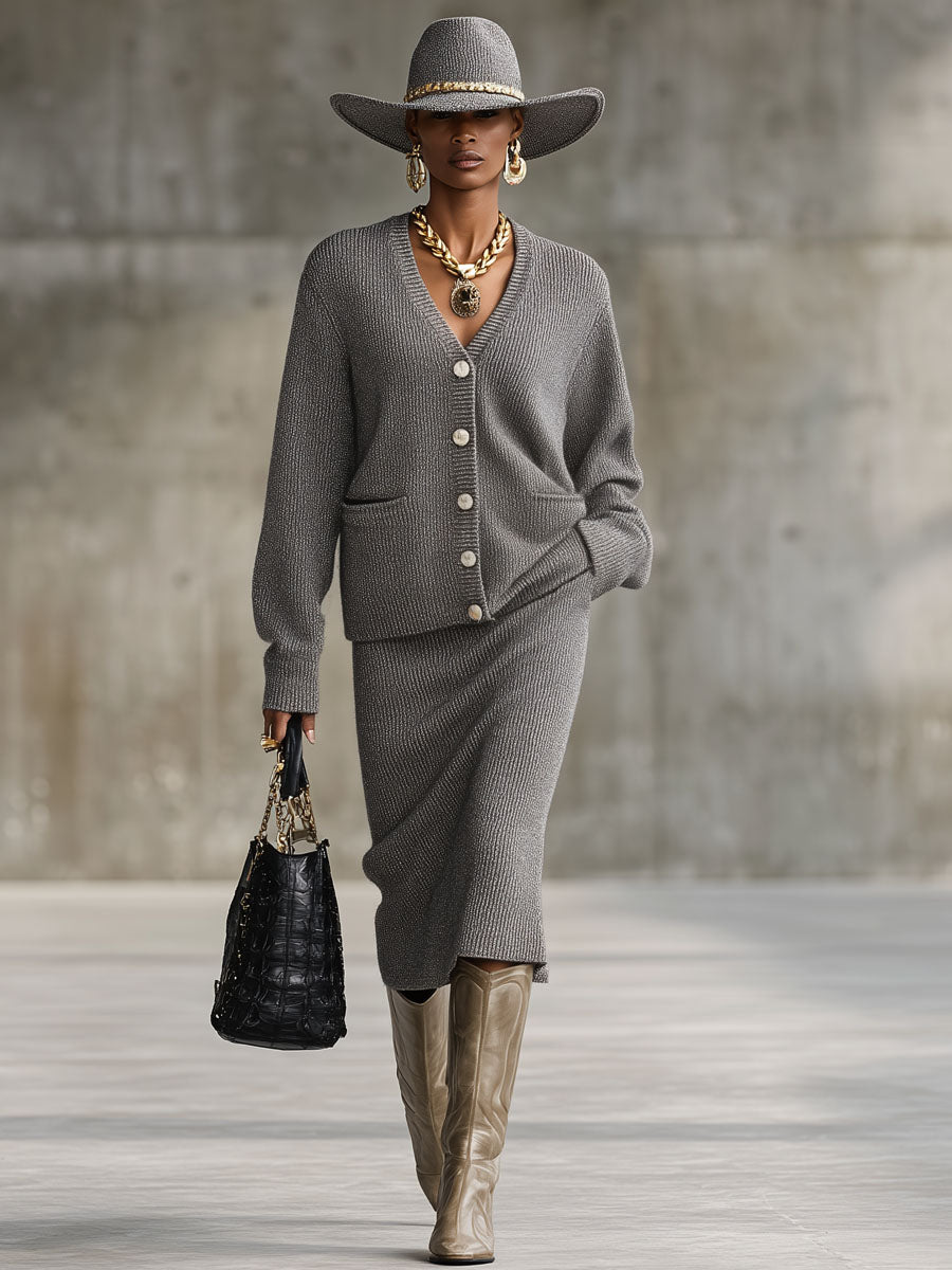 Ensemble Chic : Cardigan V Loose avec Poches Doubles et Jupe Tricotée