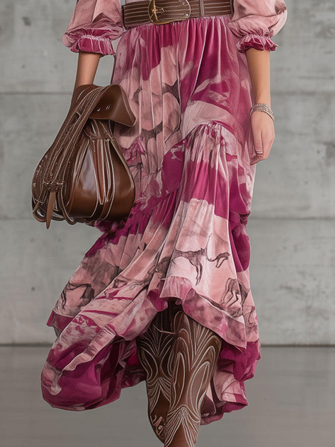 Robe Maxi Velours Rose avec Imprimé de Cerf Sika - Élégance Urbaine Rétro