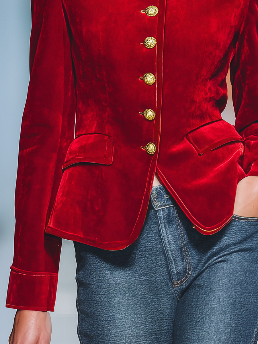 Veste Vintage en Velours Élégante avec Col Montant et Détails en Métal
