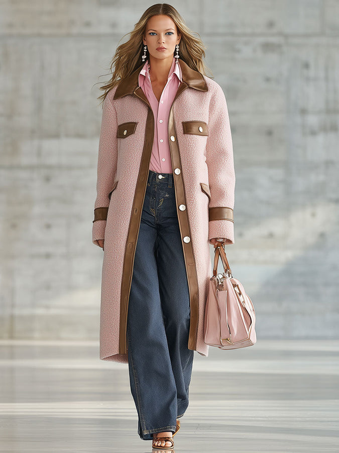 Long Rose en Polaire avec Détails en PU Marron - Style Western Rétro