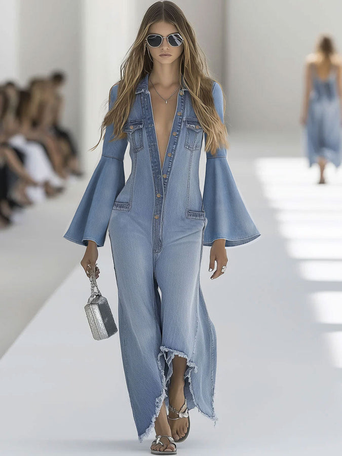 Salopette Vintage en Denim Bleu Clair à Jambes Évasées et Manches Longues Effilées