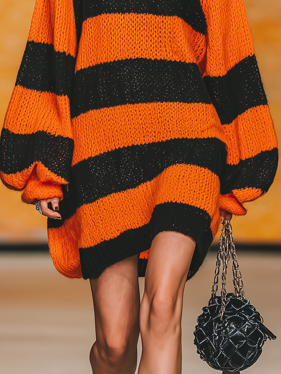 Robe Vintage en Tricot à Col Rond avec Manches Lanternes et Rayures Contrastées