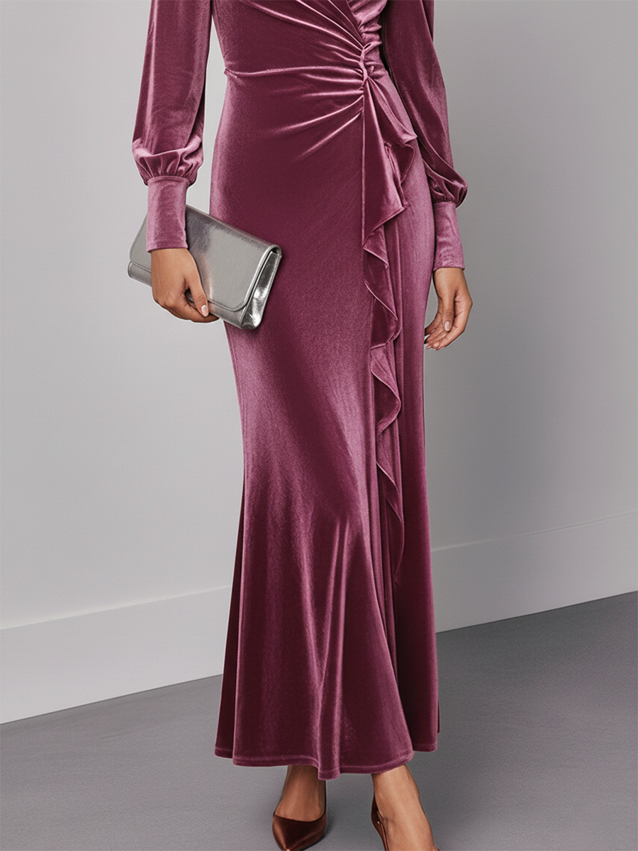 Robe Maxi en Velours Élégante avec Volants, Manches Longues et Décolleté en V