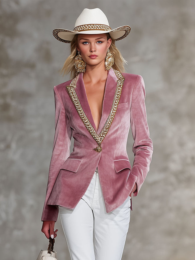 Veste décontractée en velours rose à un bouton