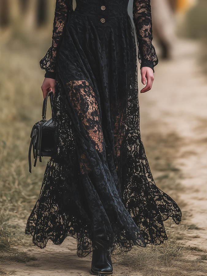 Élégante Robe Maxi en Dentelle avec Col Montant au Style Occidental