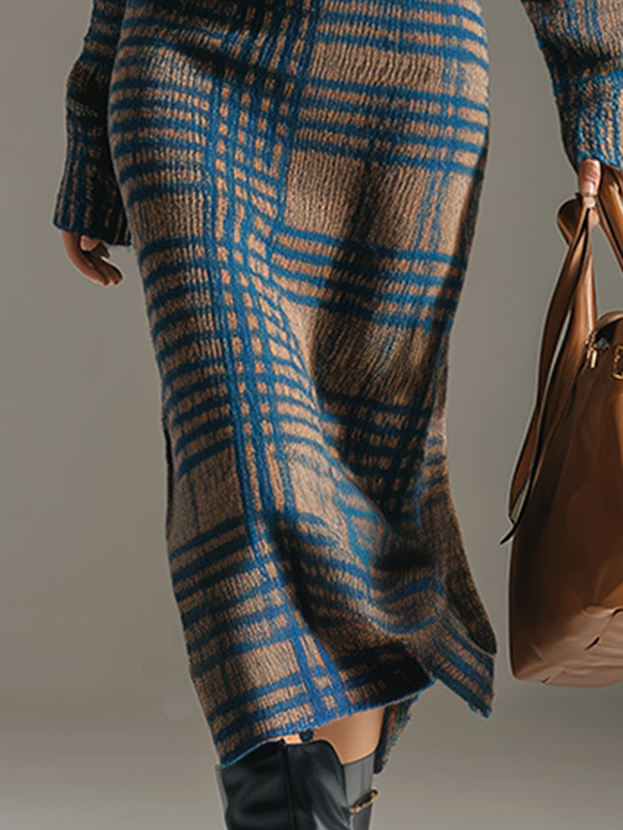 Robe Midi Tricotée à Col V à Carreaux Bleu Khaki - Élégance Rétro