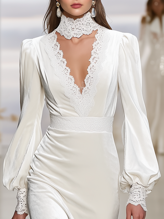 Robe Maxi Velours Élégante avec Détails en Dentelle, Manches Lanternes et Décolleté en V - Style Rétro Chic